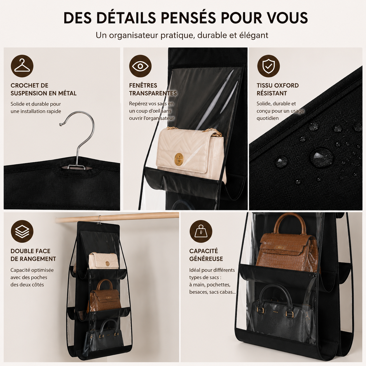 Rangement suspendu pour sacs à main – Organisateur 6 poches