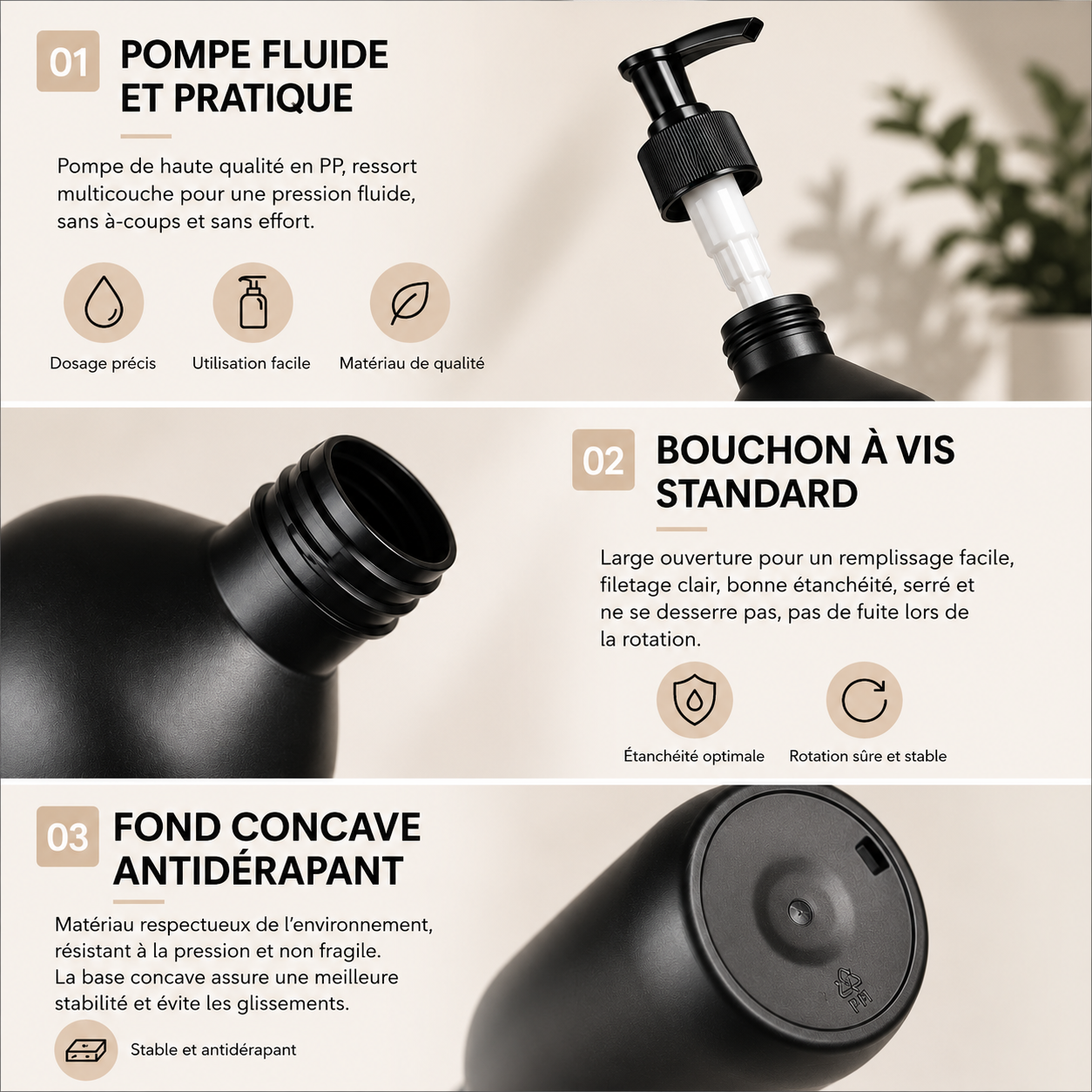 Distributeur de savon rechargeable 500 ml noir mat