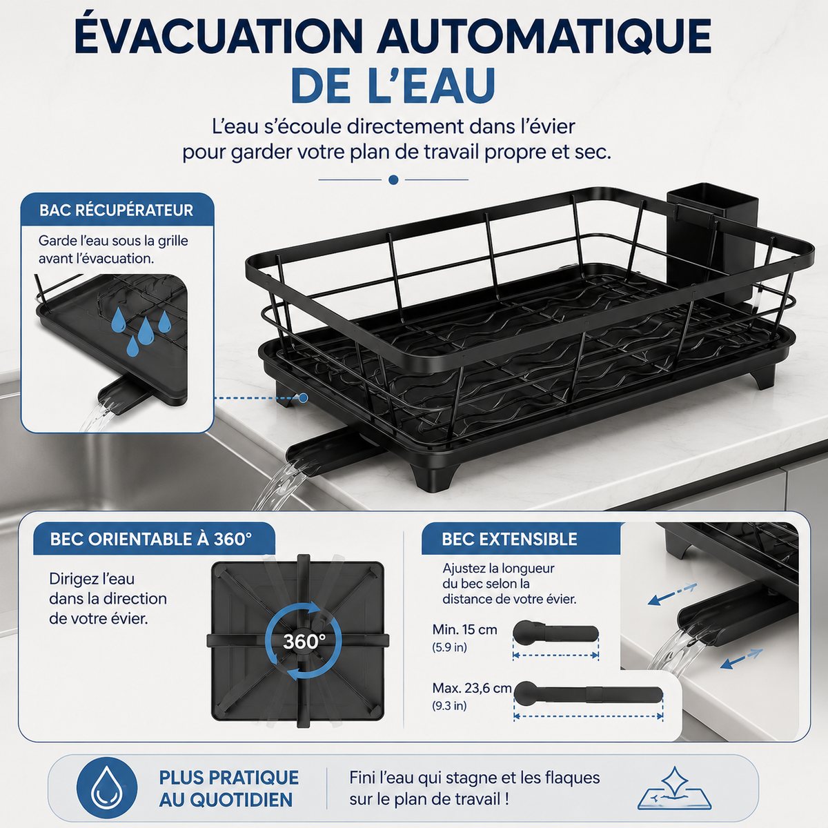 Égouttoir à Vaisselle Gain de Place avec Évacuation Automatique