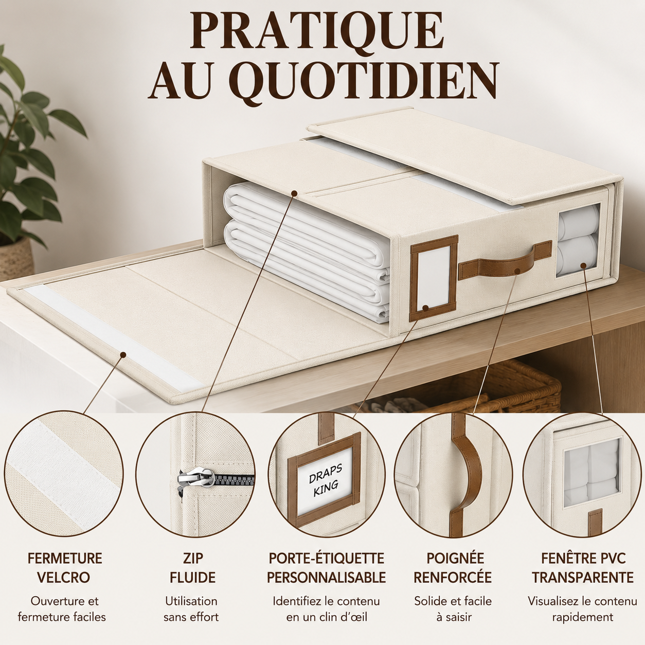 Boîte de rangement pour linge de lit avec fenêtre de visualisation