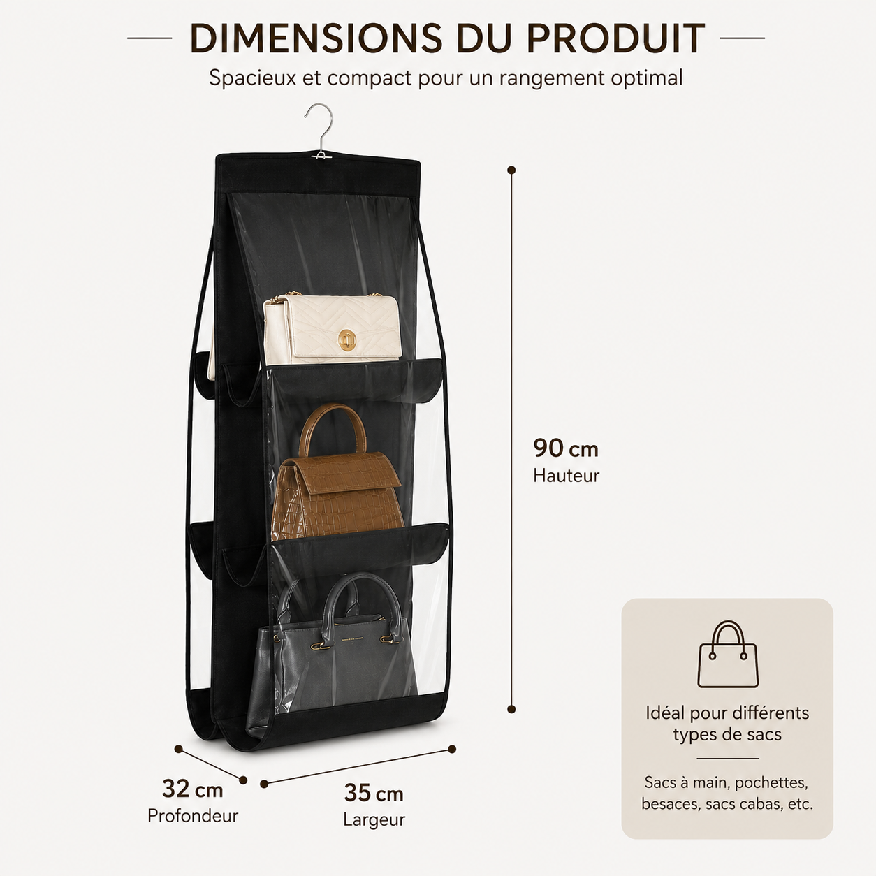Rangement suspendu pour sacs à main – Organisateur 6 poches