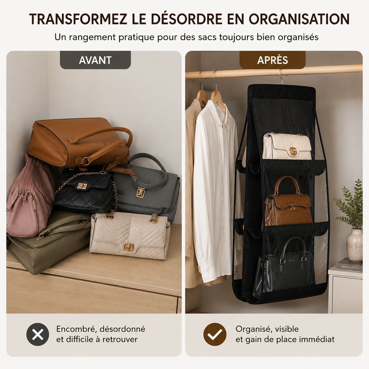 Rangement suspendu pour sacs à main – Organisateur 6 poches