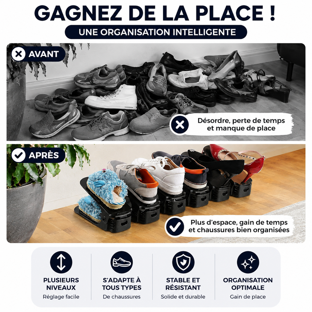 Organisateur de chaussures réglable – Gain de place
