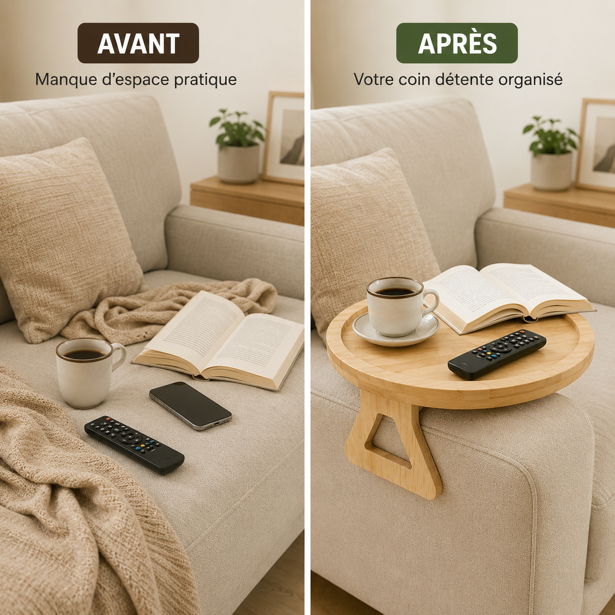 Plateau de Canapé en Bois – Table d'Appoint pour Accoudoir