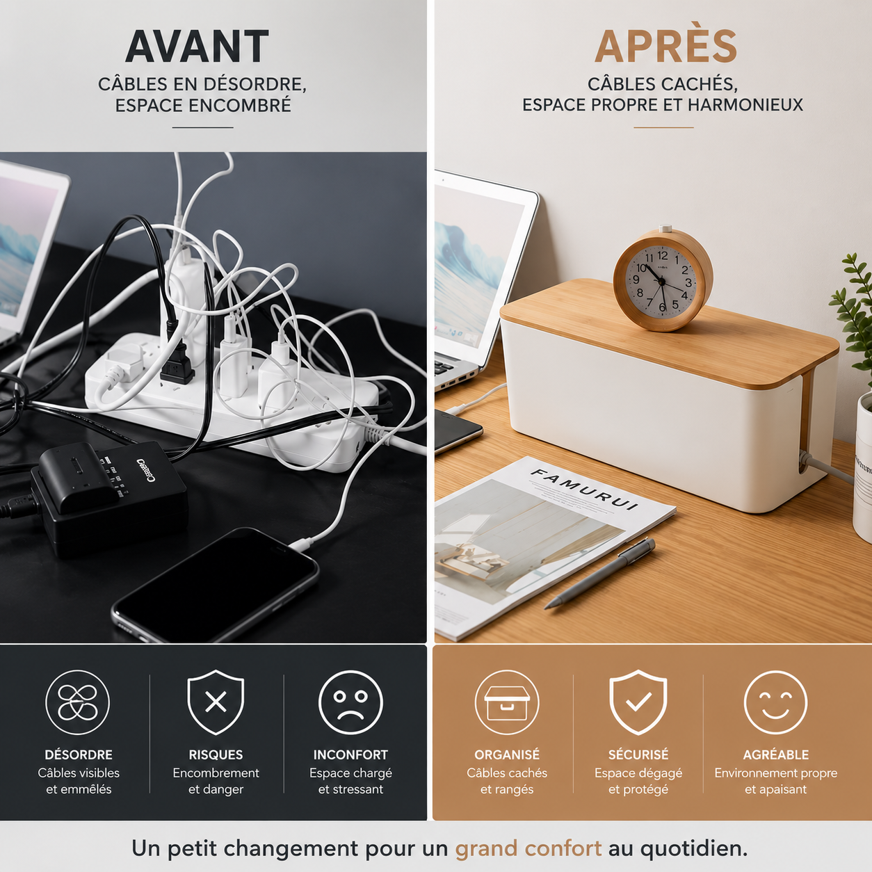 Boîte Cache-Câbles Design avec Couvercle Effet Bois