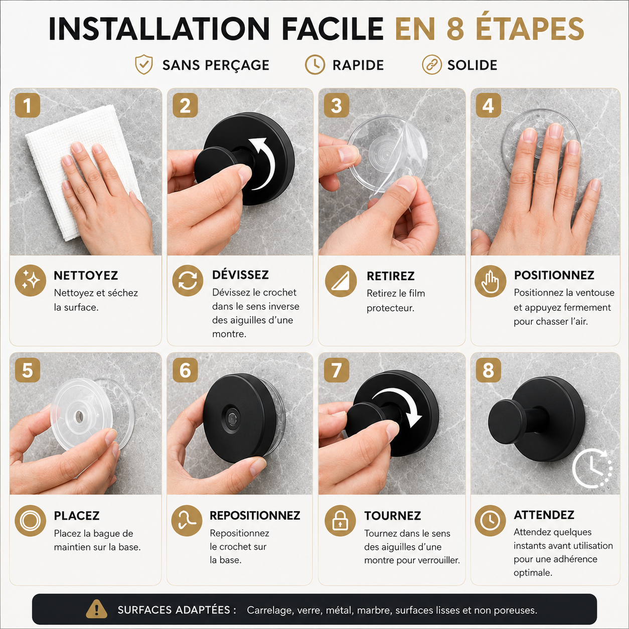 Crochets à Ventouse Sans Perçage – Lot de 1 ou 2 Pièces