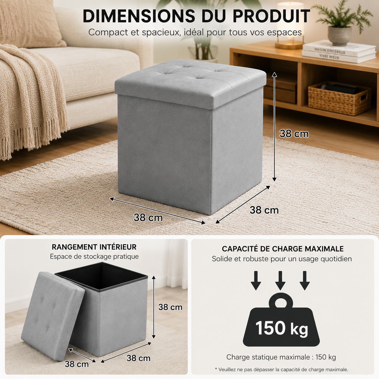 Pouf de rangement pliable 50 L