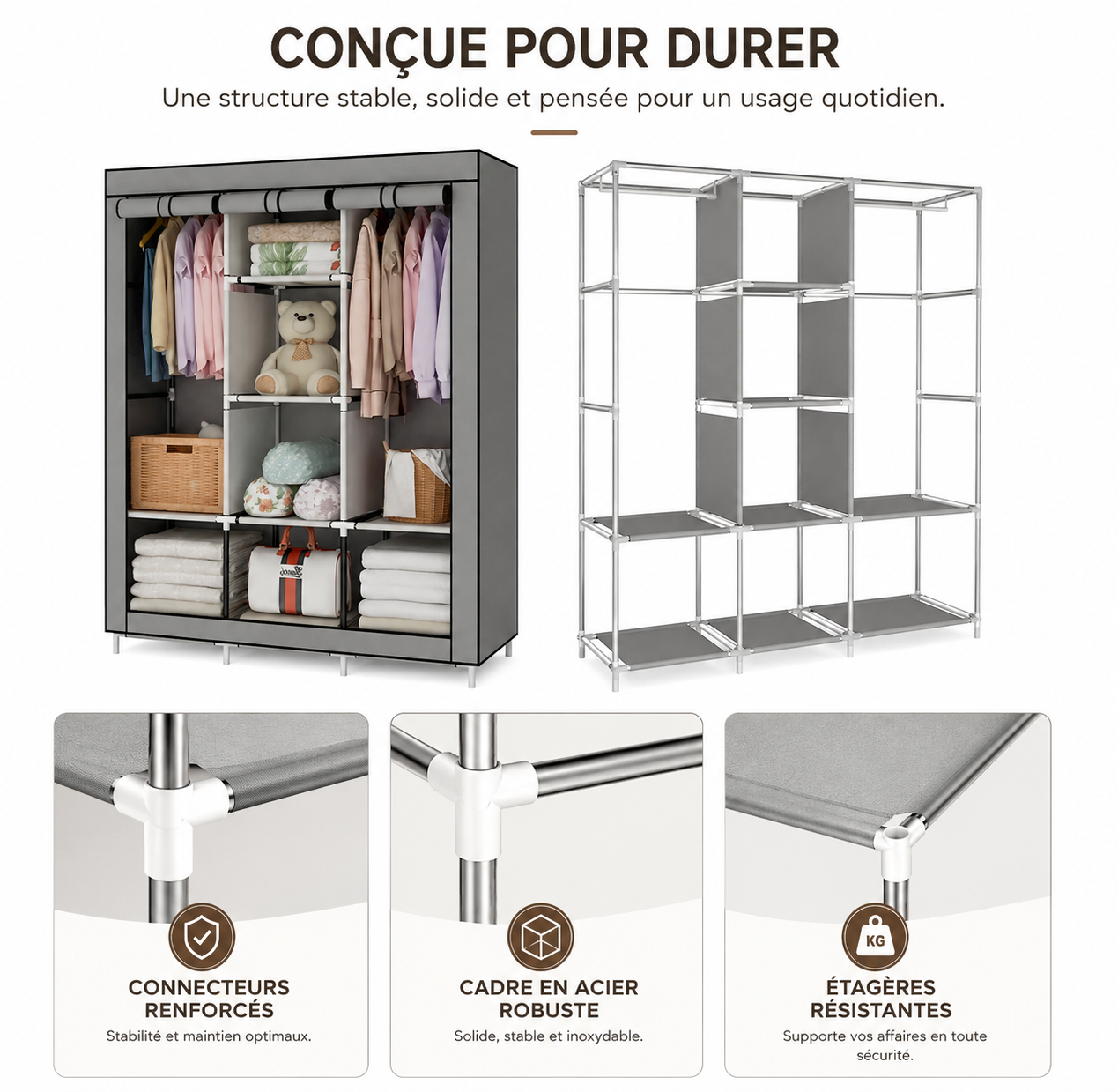 Armoire de rangement en tissu avec double penderie