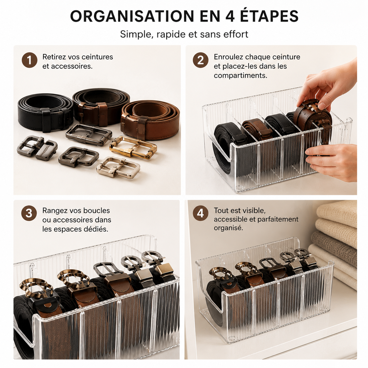 Boîte de rangement transparente pour ceintures et accessoires