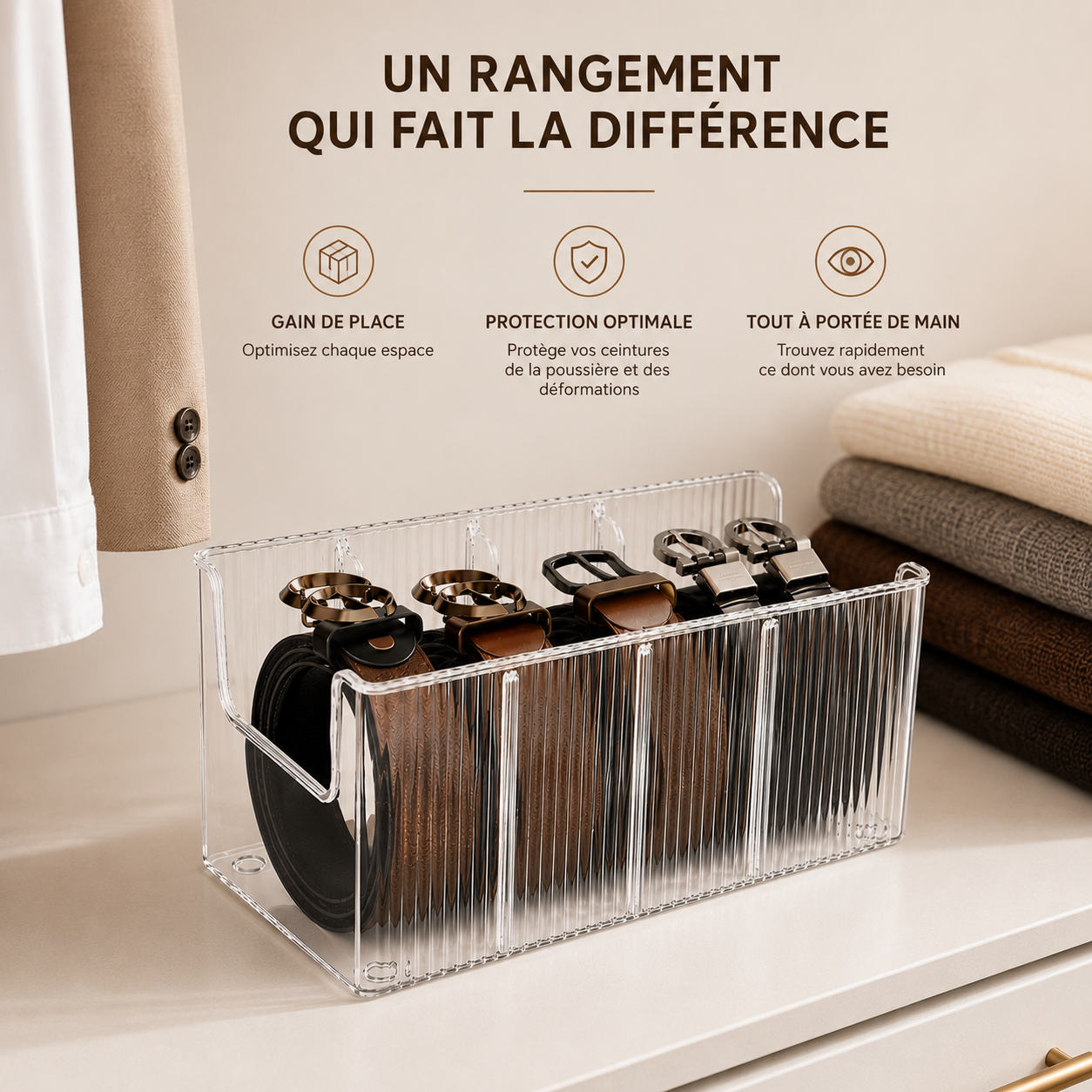 Boîte de rangement transparente pour ceintures et accessoires
