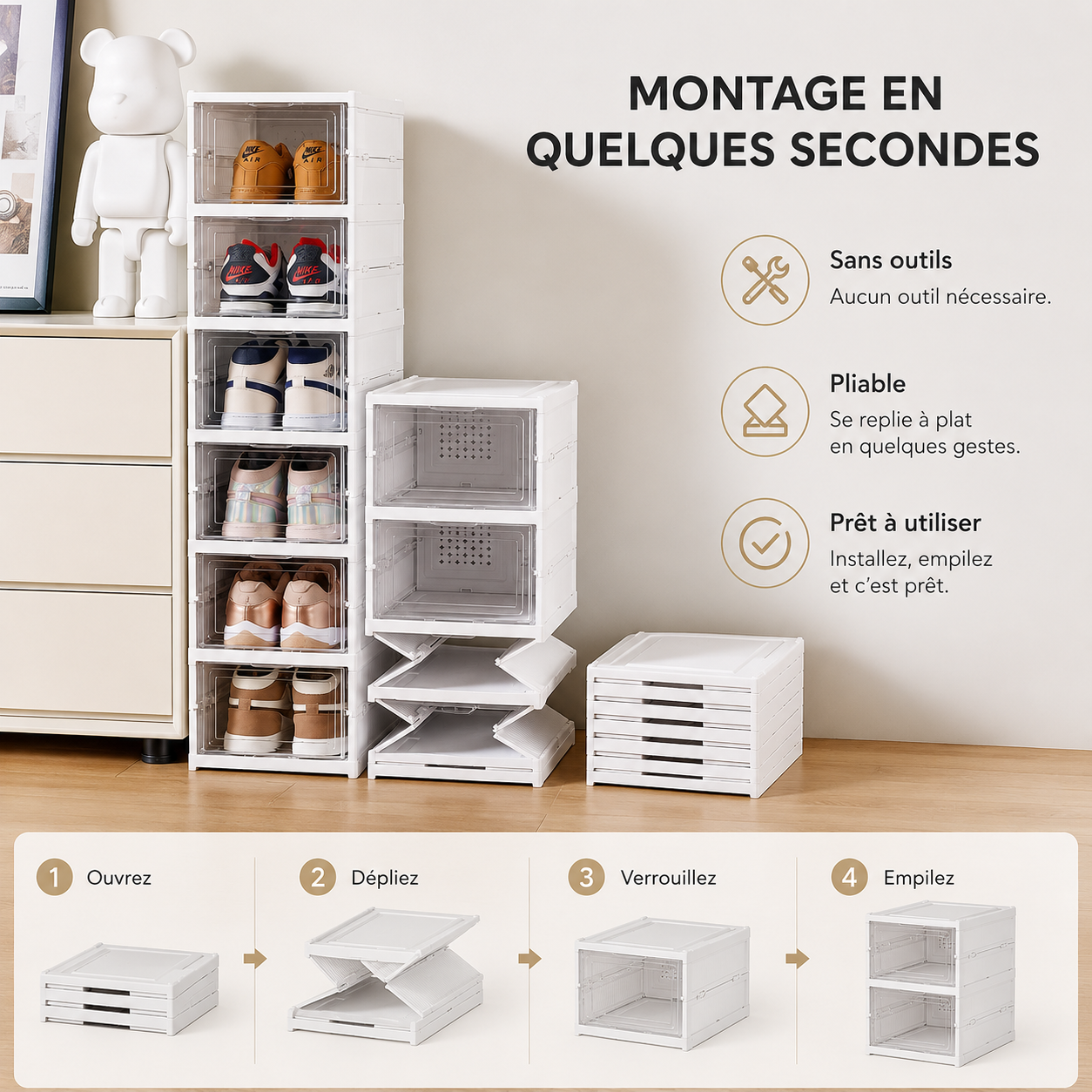 Boîte de rangement à chaussures pliable et empilable