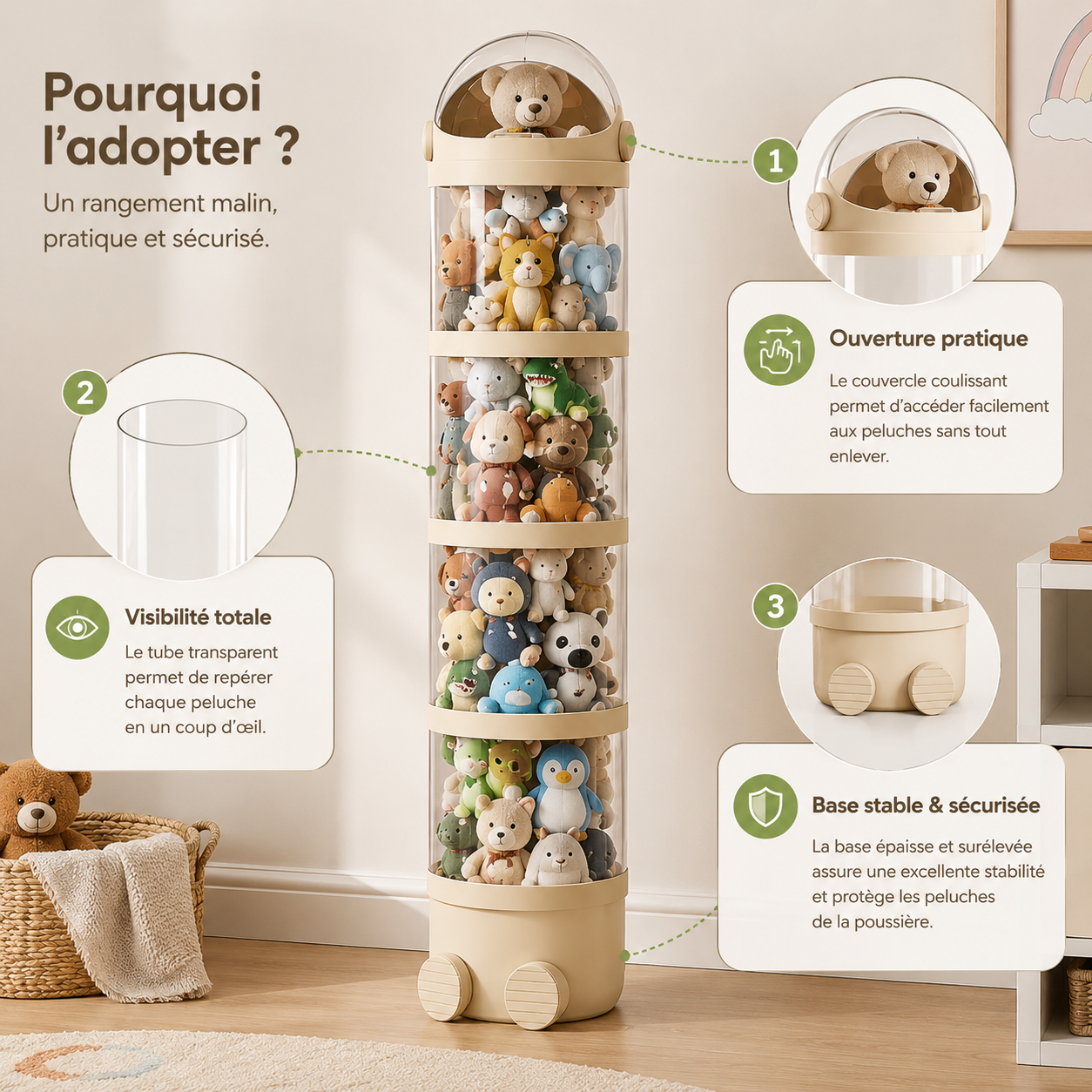 Tube de rangement transparent pour peluches