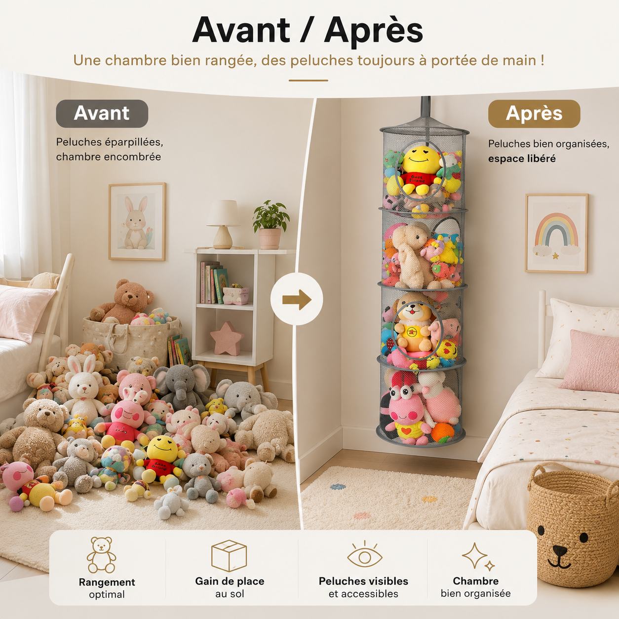 Rangement suspendu à 4 compartiments pour peluches