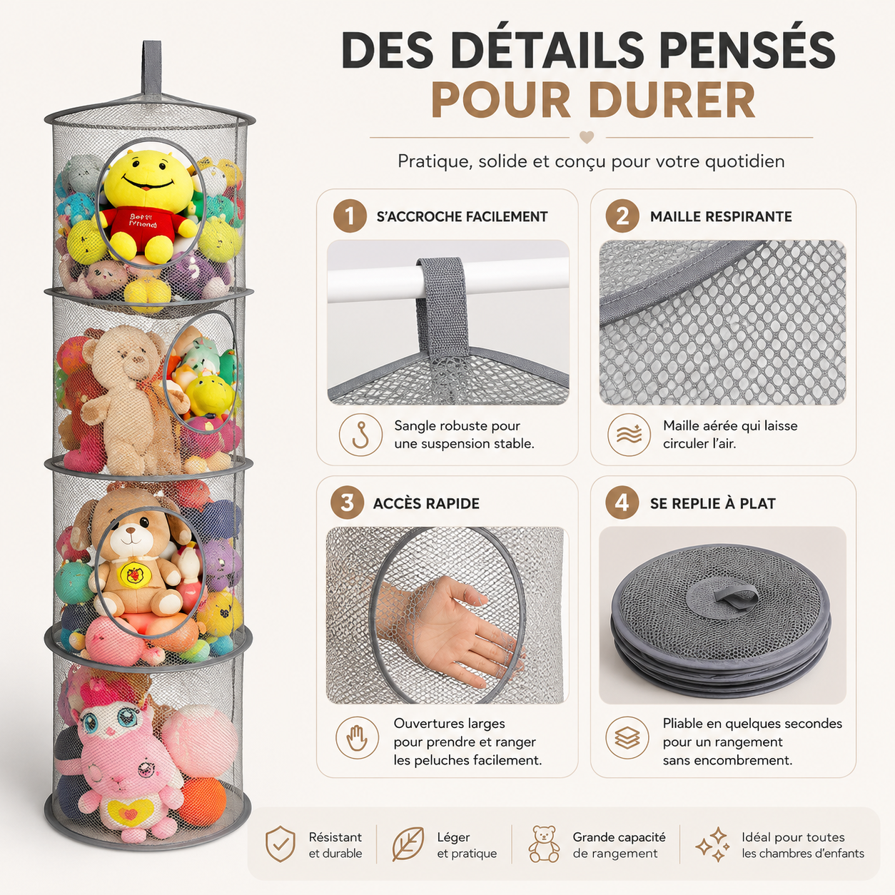 Rangement suspendu à 4 compartiments pour peluches