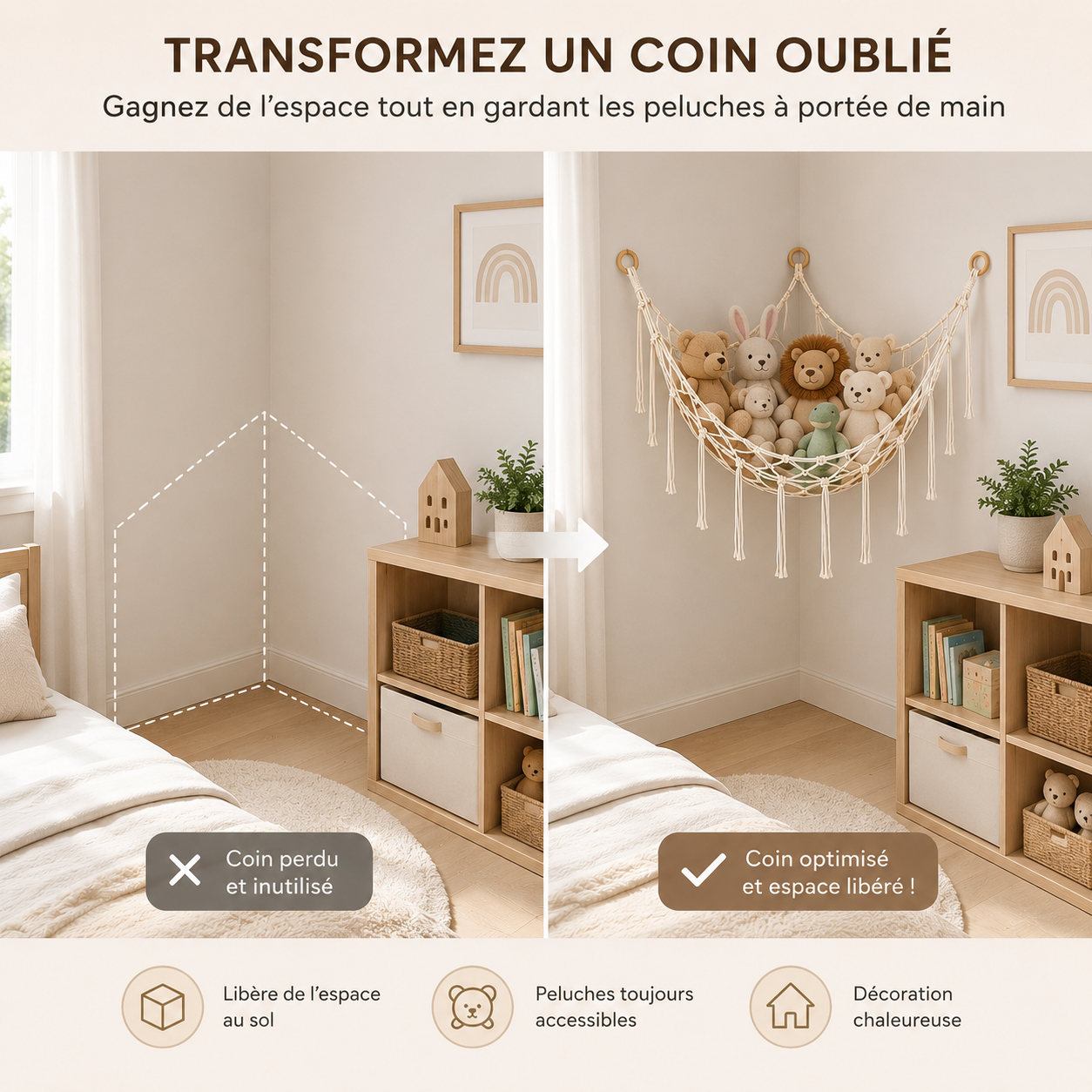 Filet mural d'angle pour peluches