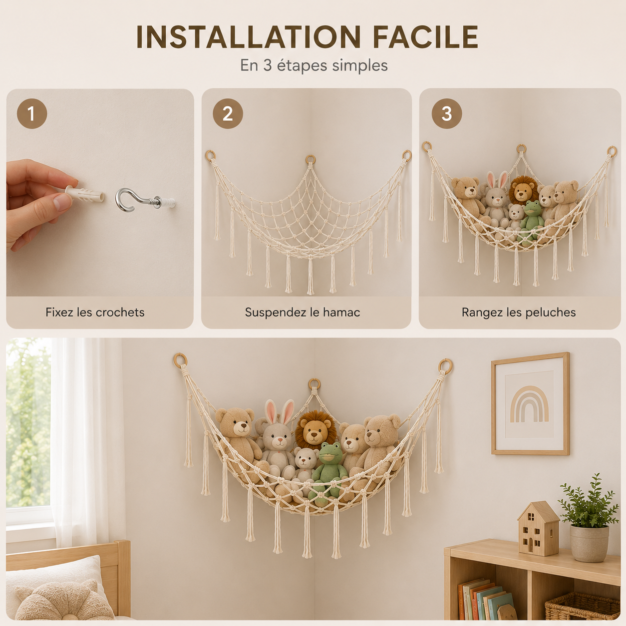 Filet mural d'angle pour peluches