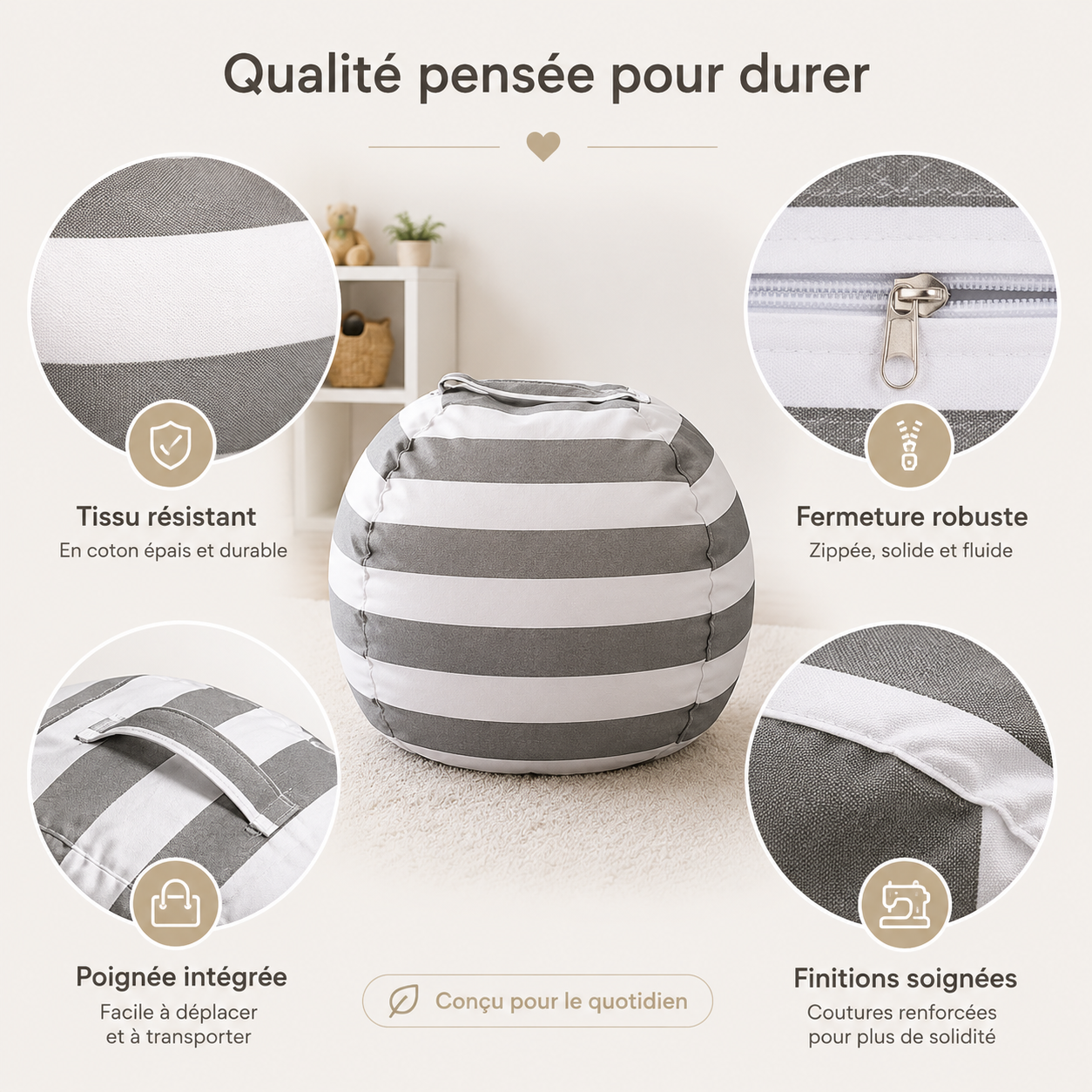 Pouf de rangement pour peluches et couvertures