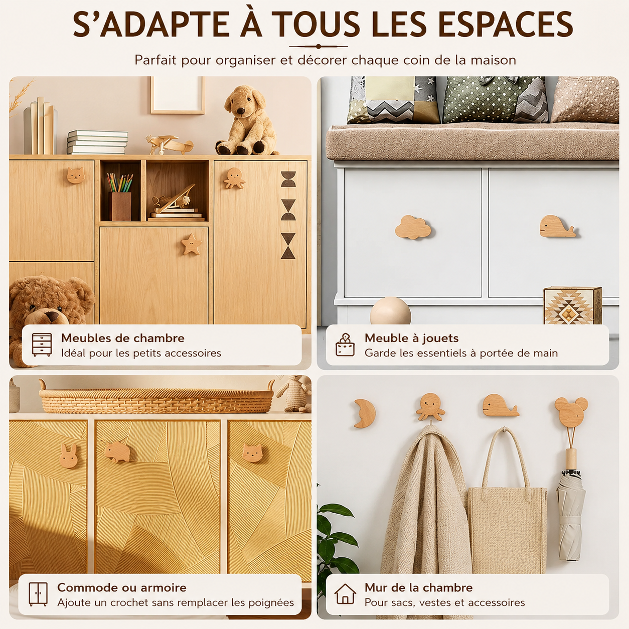 Crochet mural en bois animal – Décoration et rangement pour chambre d'enfant