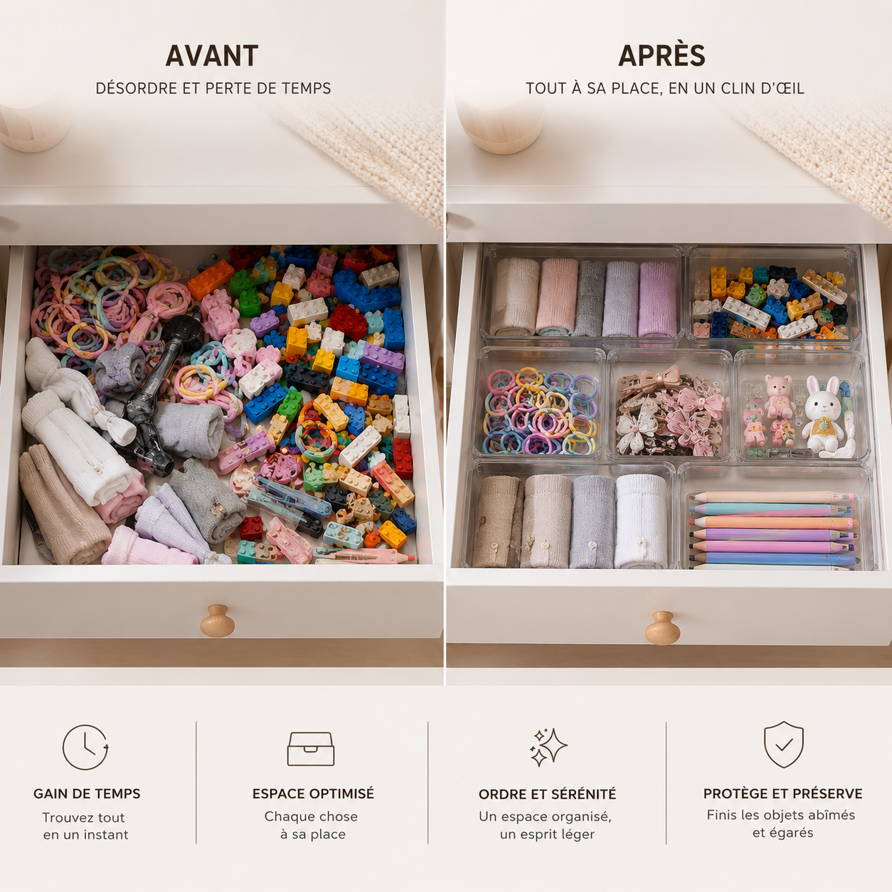 Organisateur de tiroir modulable transparent – Rangement chambre enfant
