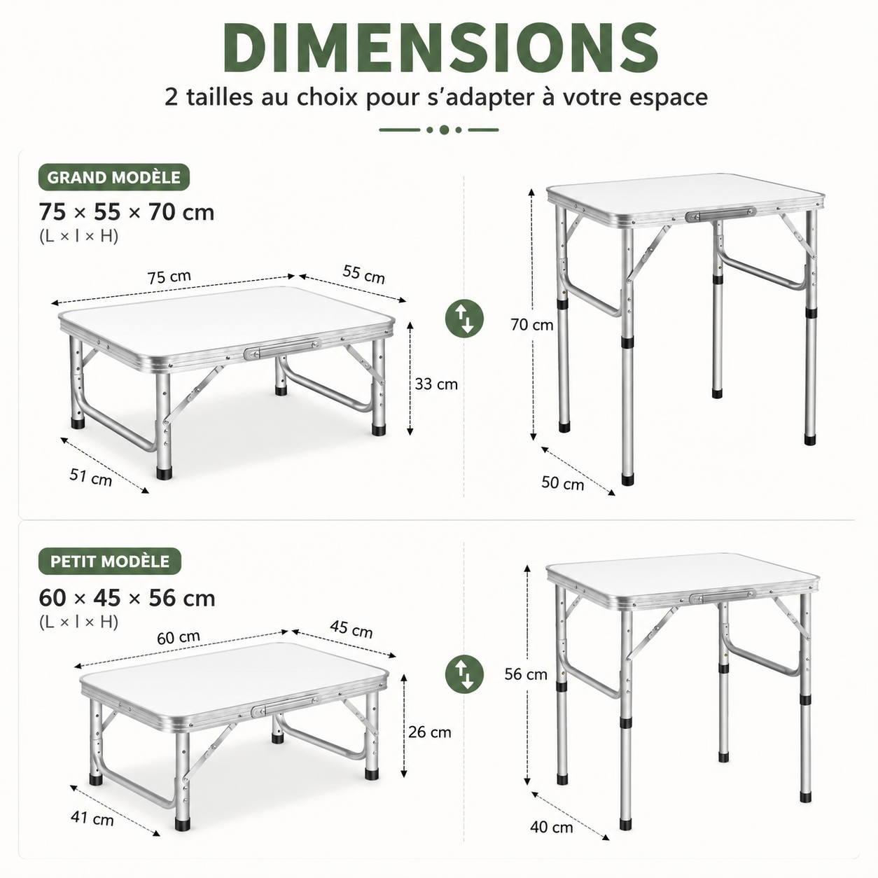 Table pliante réglable en hauteur pour balcon, terrasse et extérieur