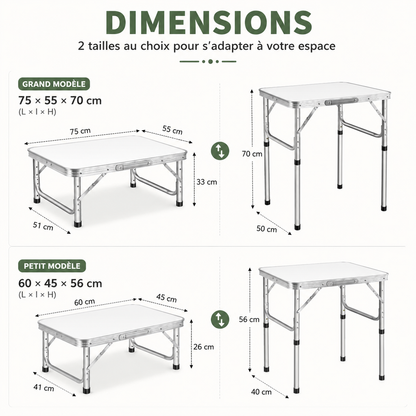 Table pliante réglable en hauteur pour balcon, terrasse et extérieur
