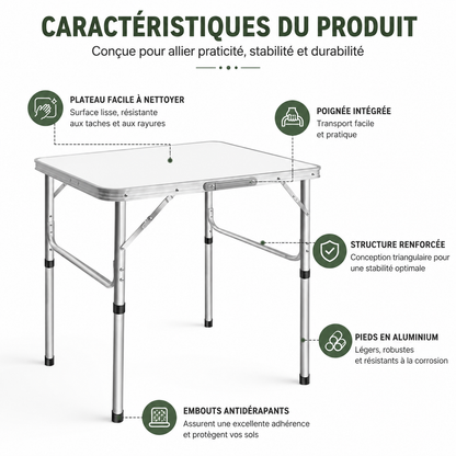 Table pliante réglable en hauteur pour balcon, terrasse et extérieur