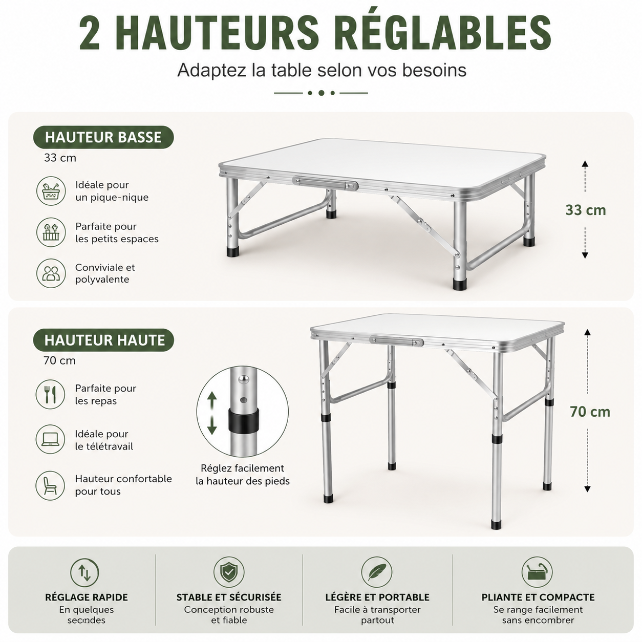 Table pliante réglable en hauteur pour balcon, terrasse et extérieur