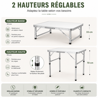 Table pliante réglable en hauteur pour balcon, terrasse et extérieur