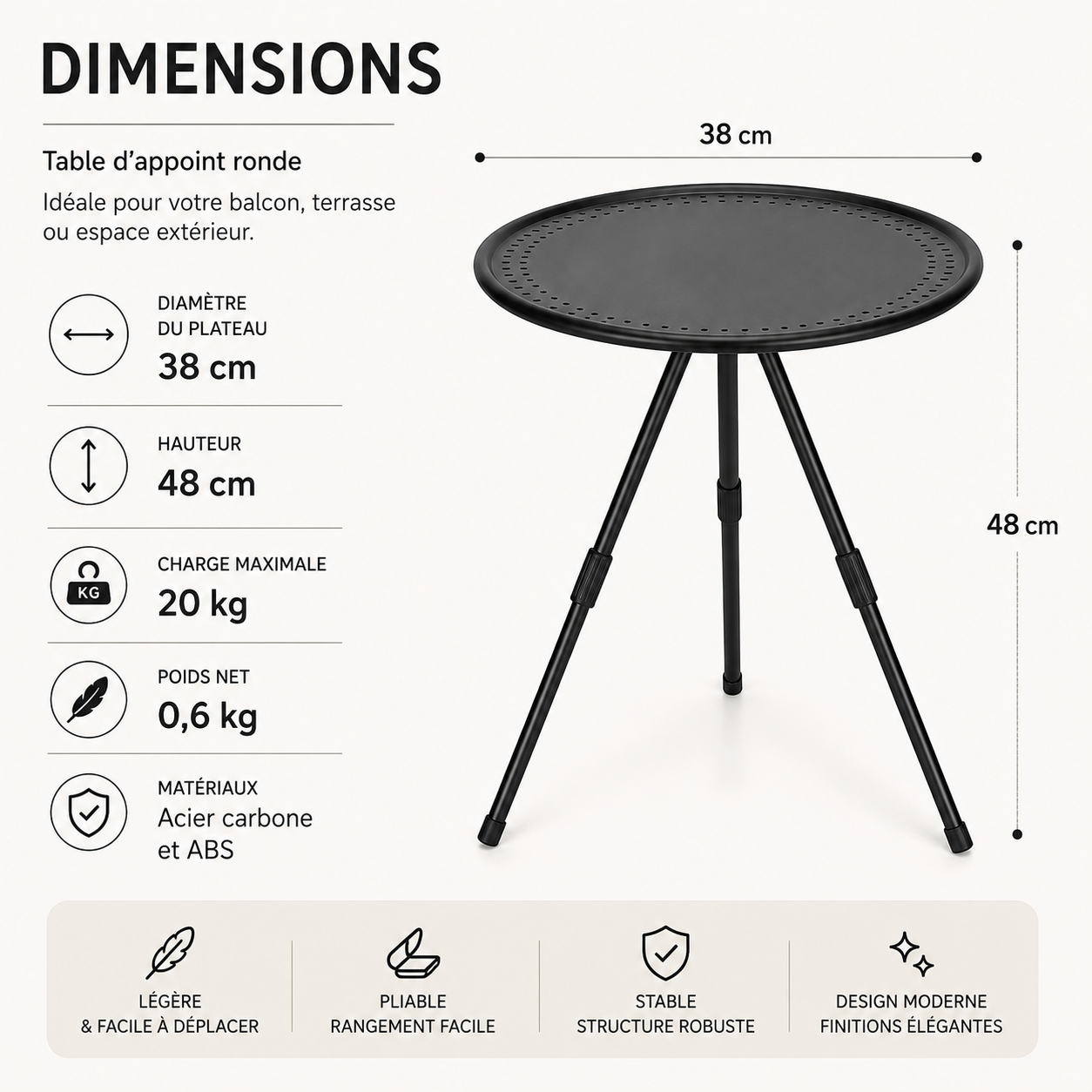 Table d'appoint ronde pliante en aluminium