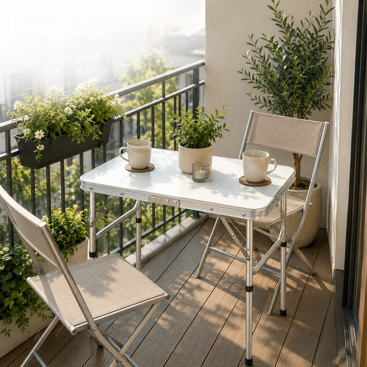 Table pliante réglable en hauteur pour balcon, terrasse et extérieur