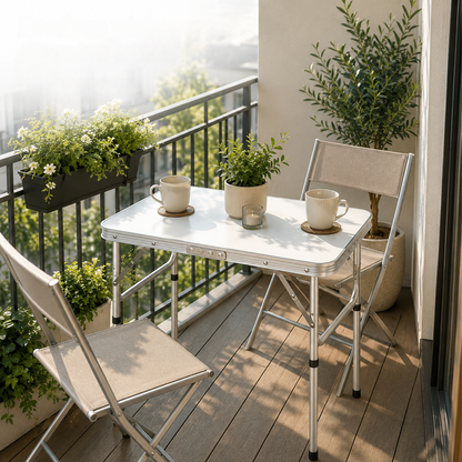 Table pliante réglable en hauteur pour balcon, terrasse et extérieur