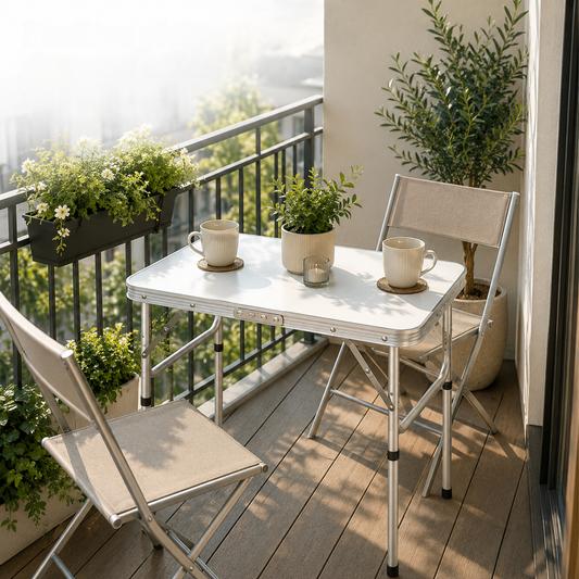 Table pliante réglable en hauteur pour balcon, terrasse et extérieur