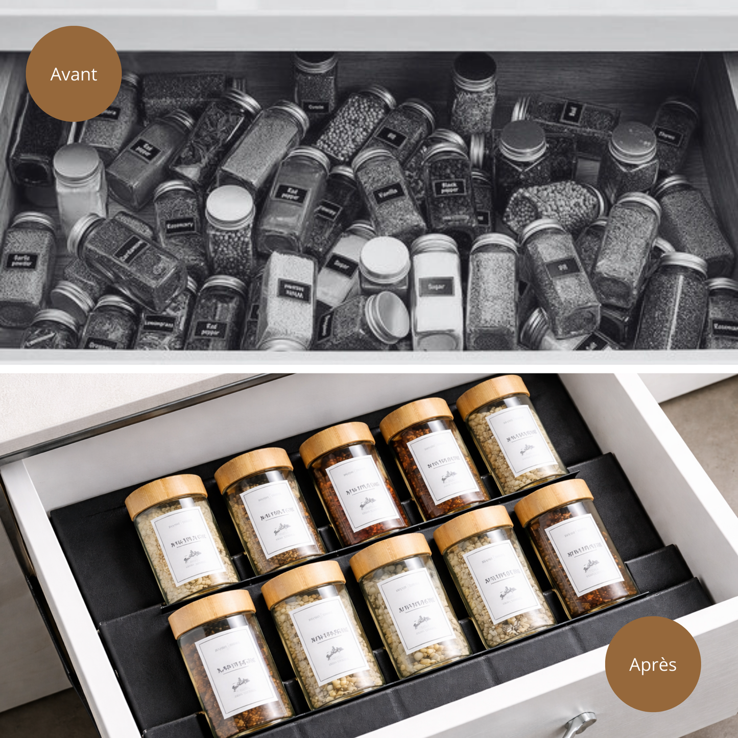 Organisateur à Épices de Tiroir – Rangement Réglable & Élégant – Gain de Place