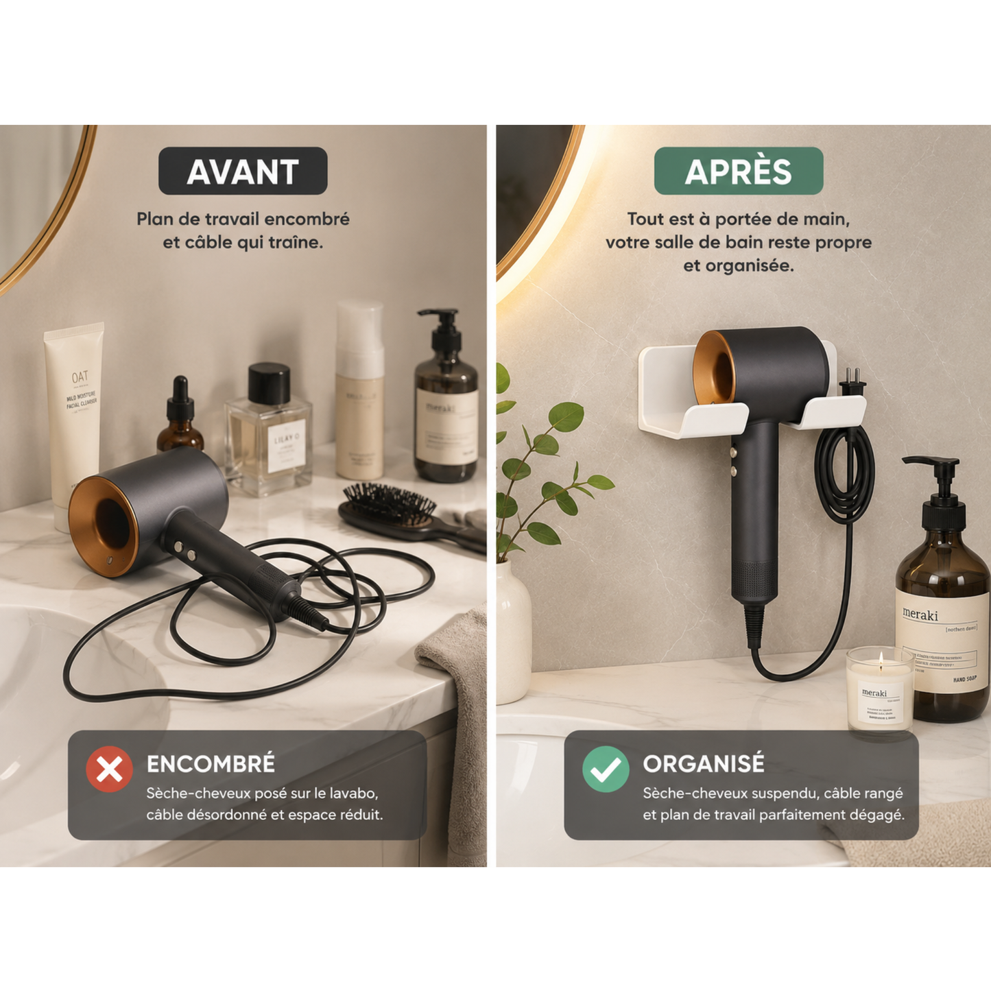 Support Mural pour Sèche-Cheveux Sans Perçage