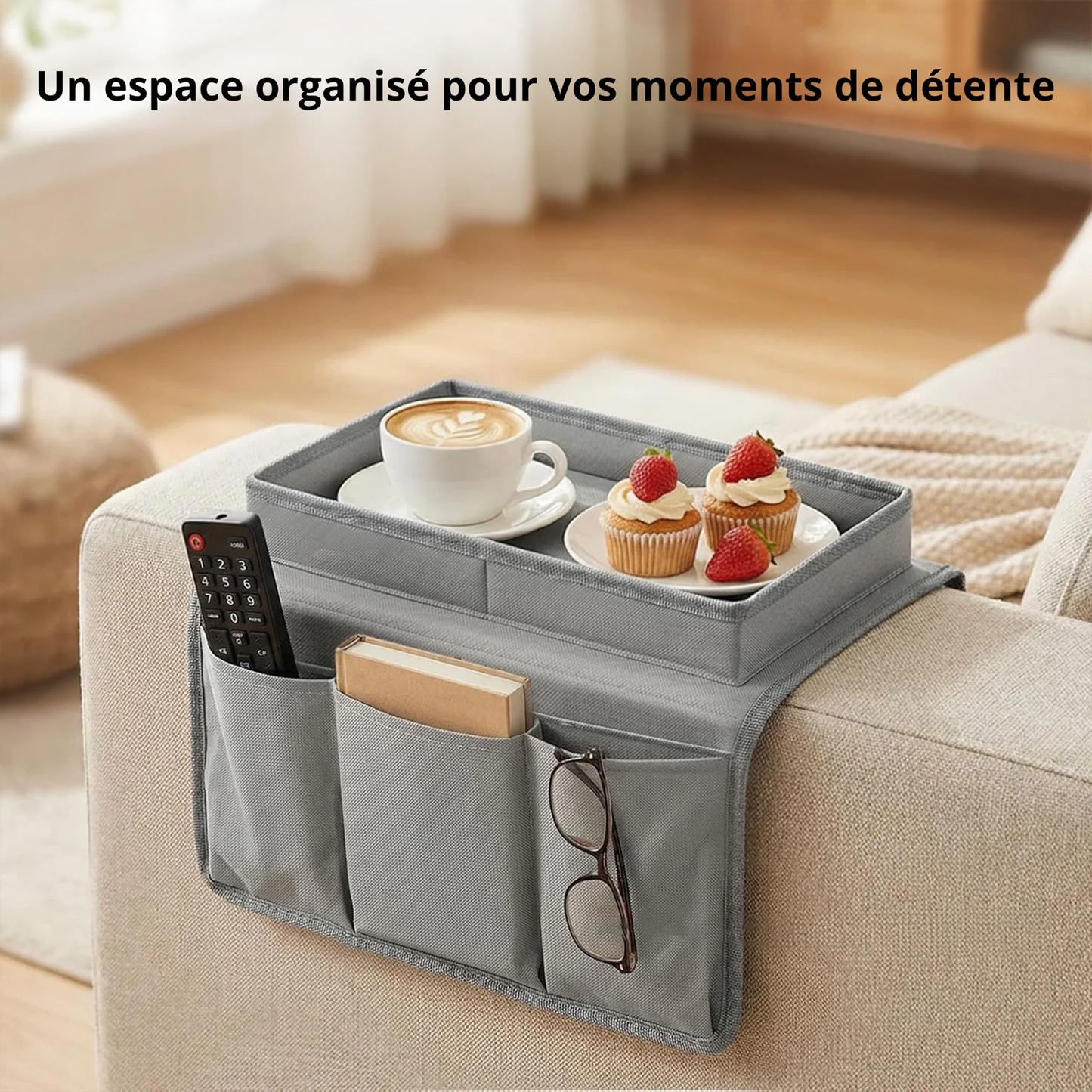 Organisateur d’Accoudoir de Canapé avec Plateau de Rangement